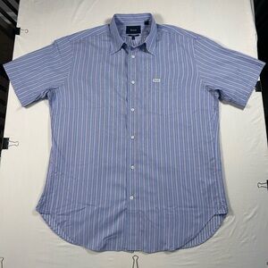 Faconnable Classique Short Sleeve Button Shirt L Blue Pink Striped 100% Cotton